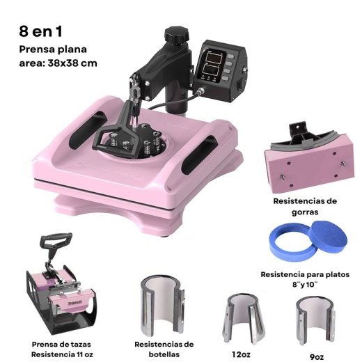 Combo Sublimación 8 En 1 Multifuncional con plancha 38×38 cm Rosado