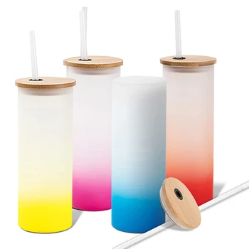 Vaso de Vidrio con Tapa de Bambú Rosado Degradado 15 oz | Sublimable